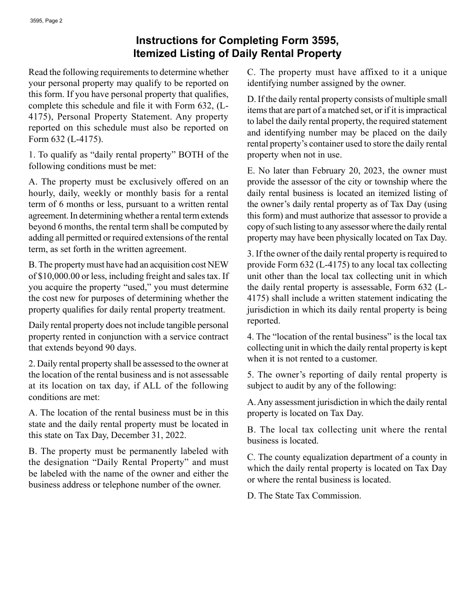 Form 3595 Itemized Listing of Daily Rental Property - Michigan, Page 2