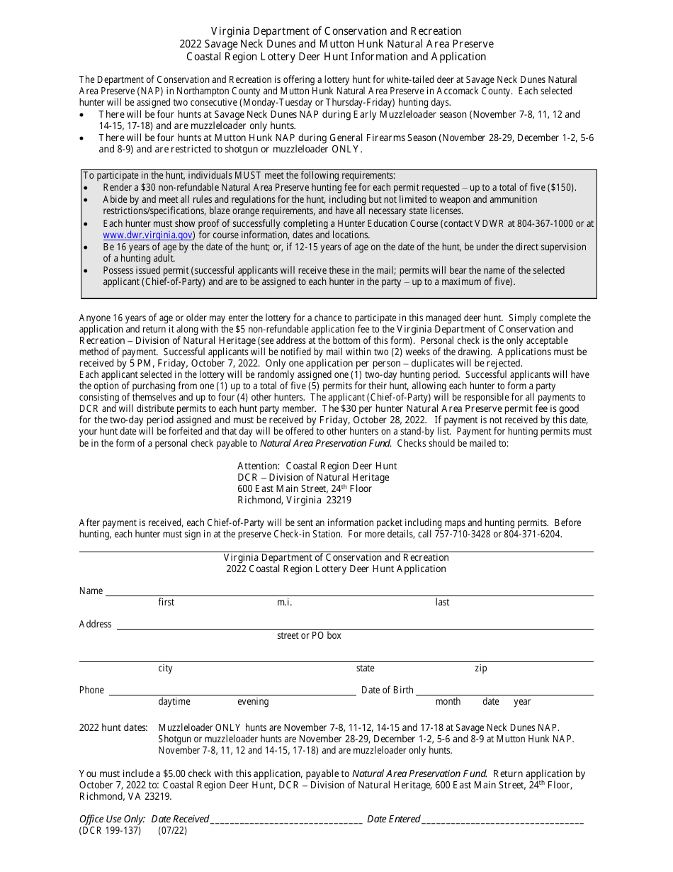 Form DCR199-137 Eastern Shore Lottery Deer Hunt Application - Virginia, Page 1