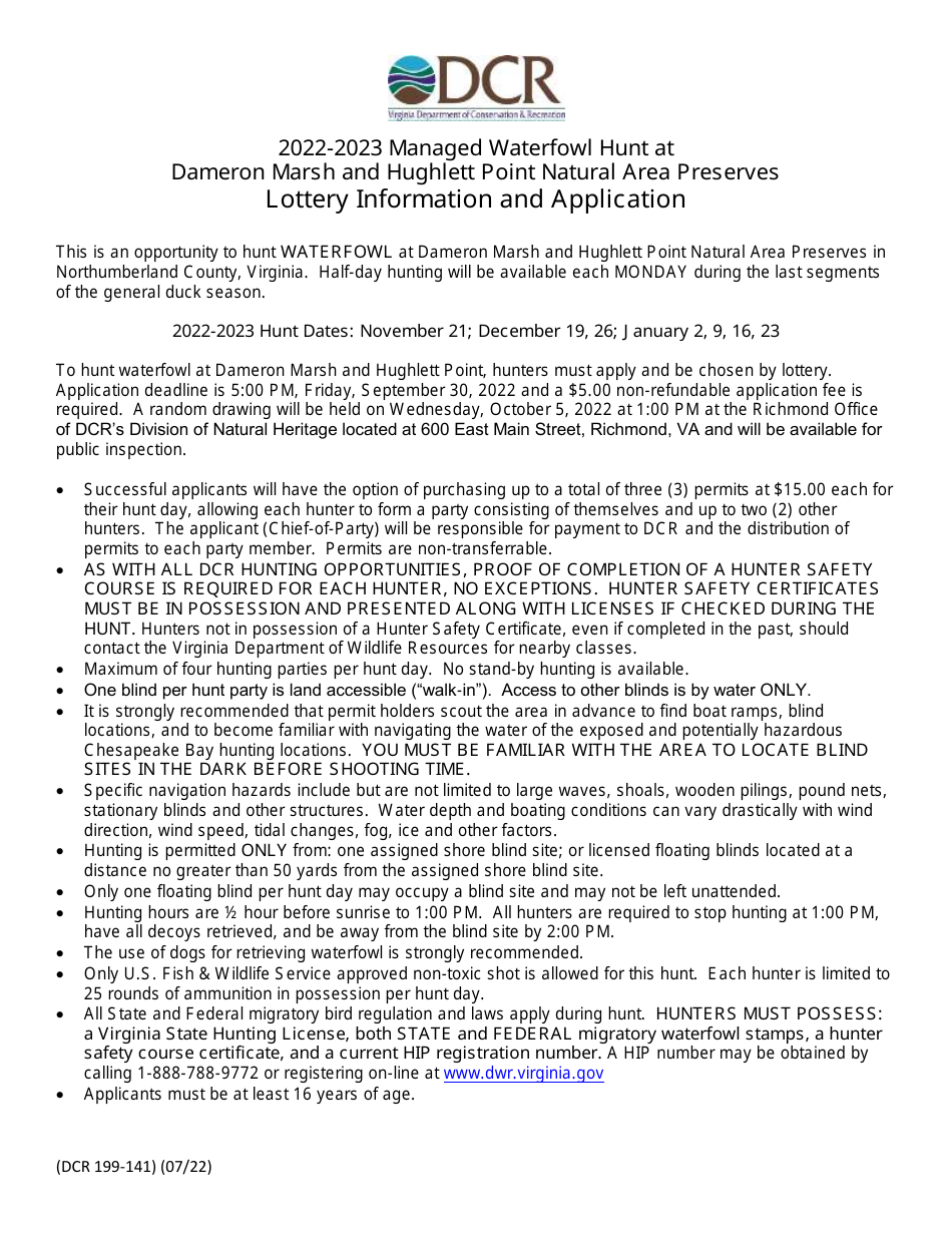 Form DCR199-141 Dameron Marsh - Hughlett Point Nap Special Managed Waterfowl Hunt Lottery Information and Application - Virginia, Page 1