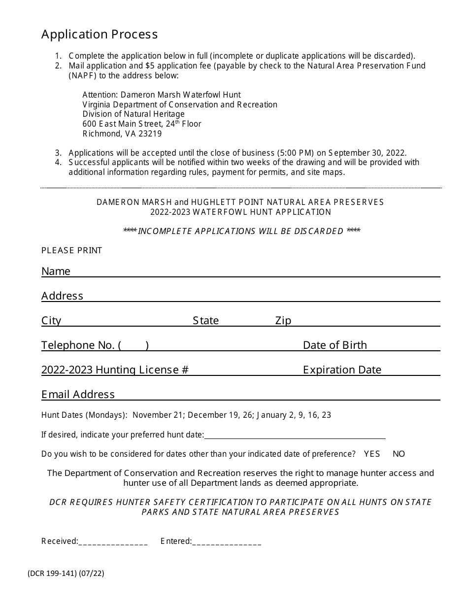 Form DCR199-141 Dameron Marsh - Hughlett Point Nap Special Managed Waterfowl Hunt Lottery Information and Application - Virginia, Page 2