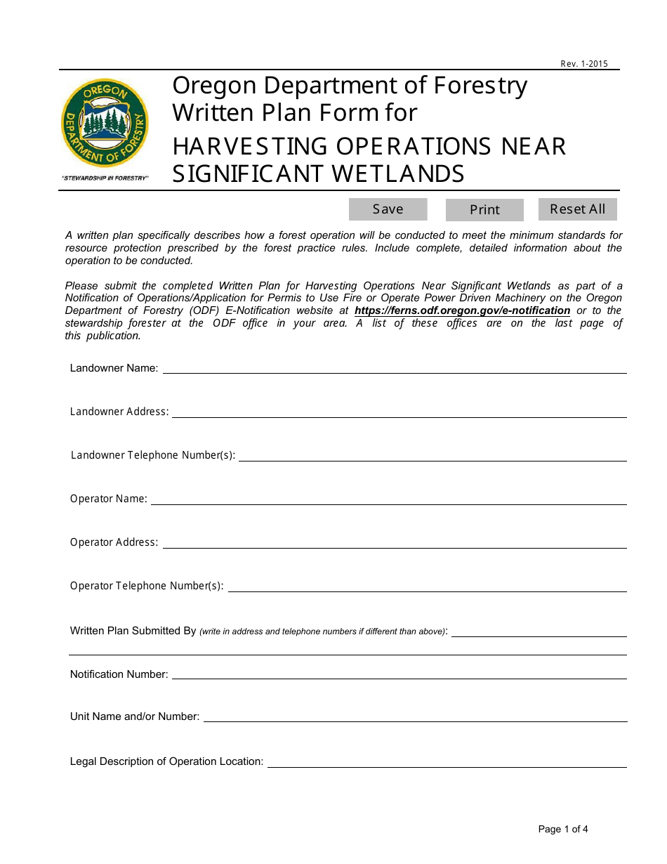 Written Plan Form for Harvesting Operations Near Significant Wetlands - Oregon, Page 1