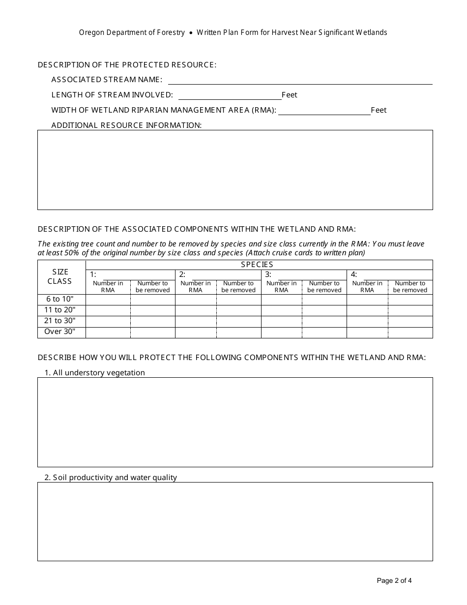 Written Plan Form for Harvesting Operations Near Significant Wetlands - Oregon, Page 2