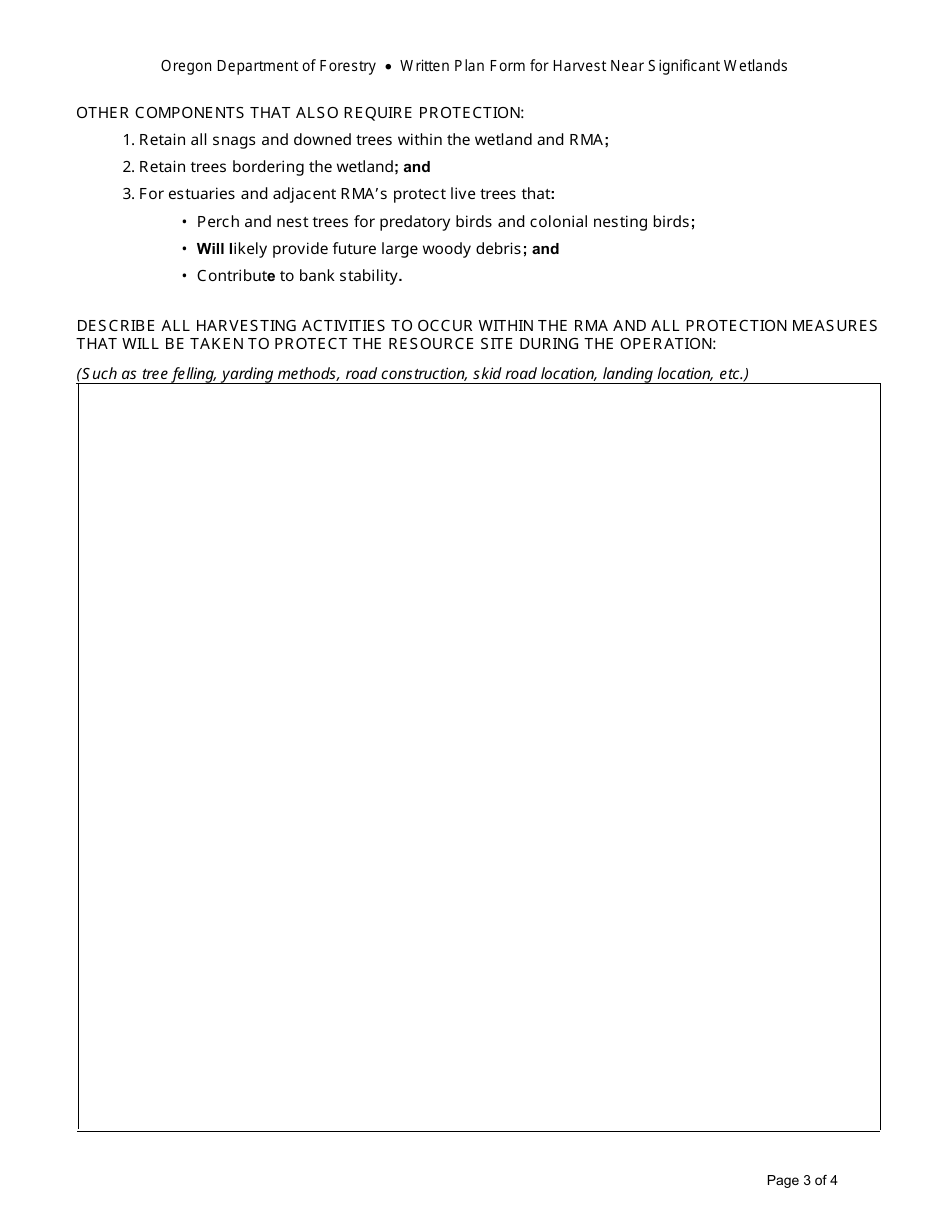 Written Plan Form for Harvesting Operations Near Significant Wetlands - Oregon, Page 3