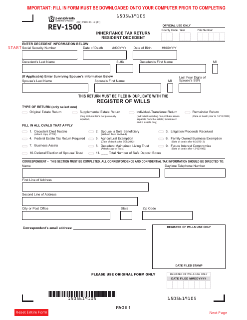 Form REV-1500 Inheritance Tax Return Resident Decedent - Pennsylvania