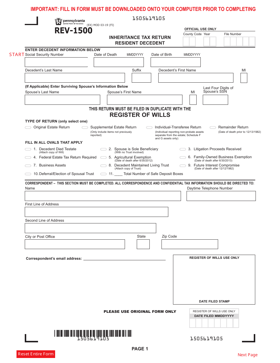 Form REV1500 Download Fillable PDF or Fill Online Inheritance Tax