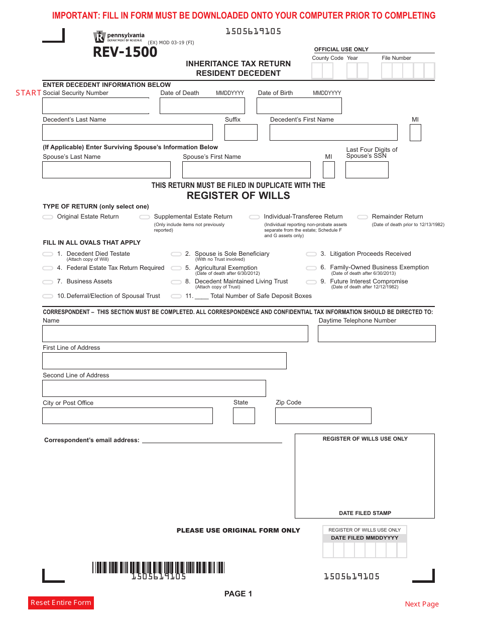 Form REV-1500 Inheritance Tax Return Resident Decedent - Pennsylvania, Page 1