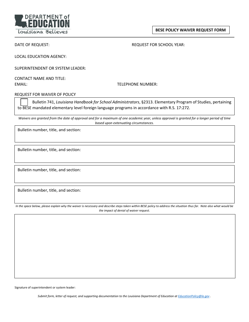 Bese Policy Waiver Request Form - Louisiana, Page 1