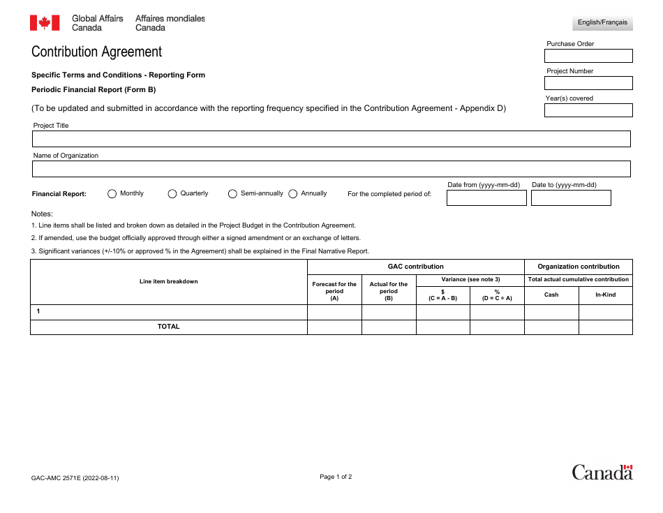 Form GAC-AMC2571E (B) Contribution Agreement - Specific Terms and Conditions - Reporting Form - Periodic Financial Report - Canada (English / French), Page 1