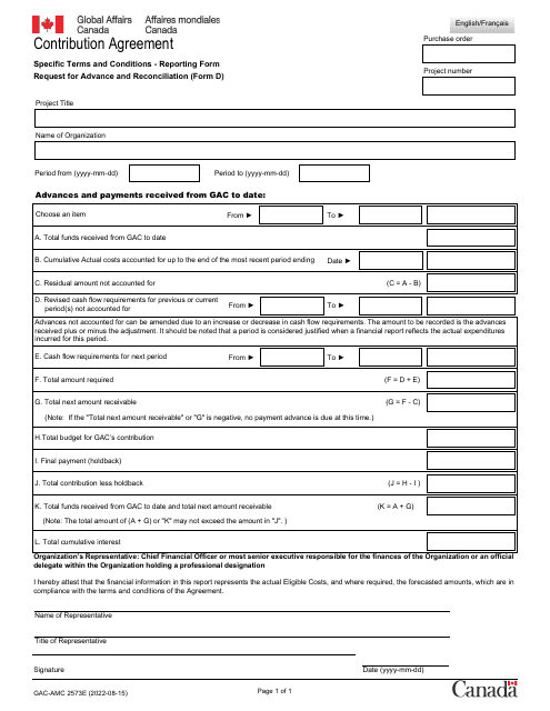 Form D (GAC-AMC2573) Request for Advance and Reconciliation - Canada