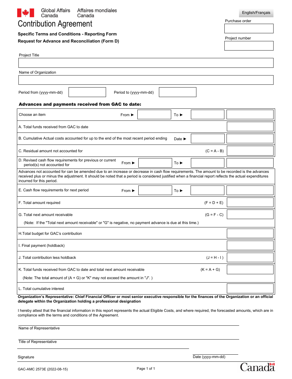 Form D (GAC-AMC2573) Request for Advance and Reconciliation - Canada, Page 1