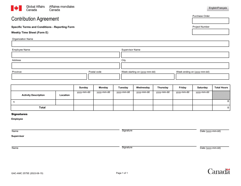 Form E (GAC-AMC2575) Weekly Time Sheet - Canada