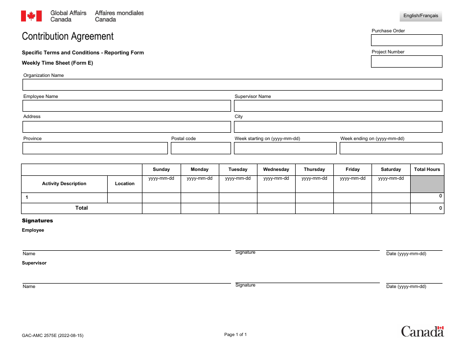 Form E (GAC-AMC2575) Weekly Time Sheet - Canada, Page 1