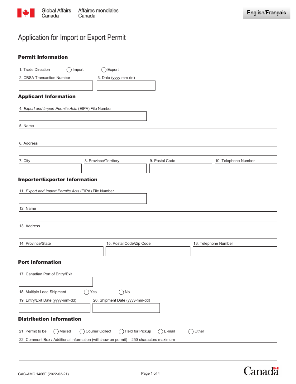 Form GAC-AMC1466 Application for Import or Export Permit - Canada (English / French), Page 1