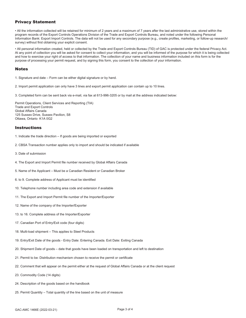 Form GAC-AMC1466 Application for Import or Export Permit - Canada (English / French), Page 3
