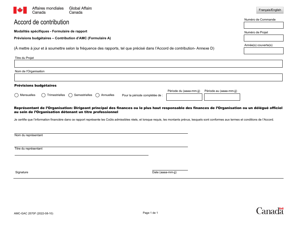 Forme A (AMC-GAC2570) Previsions Budgetaires - Contribution Daffaires Mondiales Canada - Canada (French), Page 1