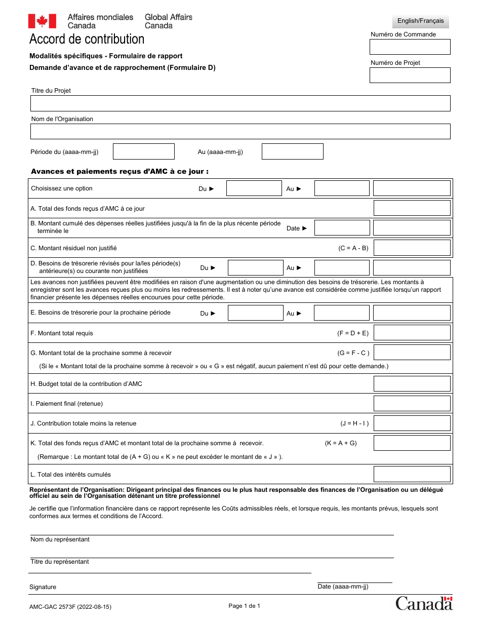 Forme D (AMC-GAC2573) Demande Davance Et De Rapprochement - Canada (French), Page 1