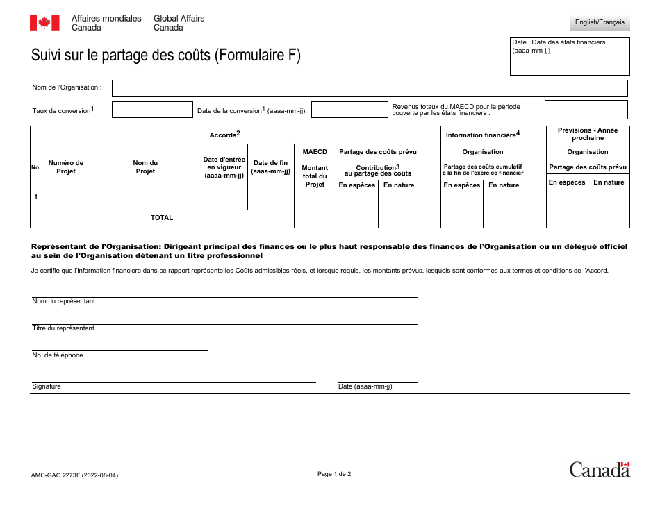 Forme F (AMC-GAC2273) Suivi Sur Le Partage DES Couts - Canada (French), Page 1