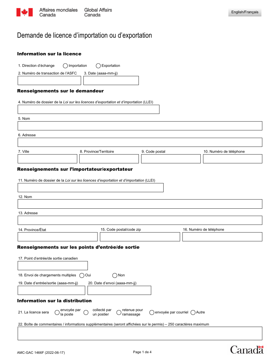Forme AMC-GAC1466 Demande De Licence Dimportation Ou Dexportation - Canada (French), Page 1