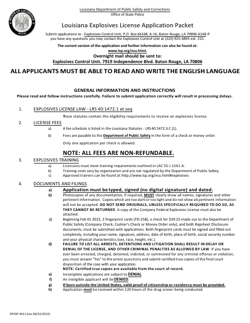 Form DPSSP4011 Explosives License Application - Louisiana