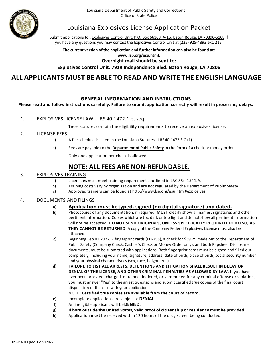 Form DPSSP4011 Explosives License Application - Louisiana, Page 1