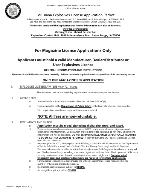 Form DPSSP4011-M Explosives Magazine License Application - Louisiana