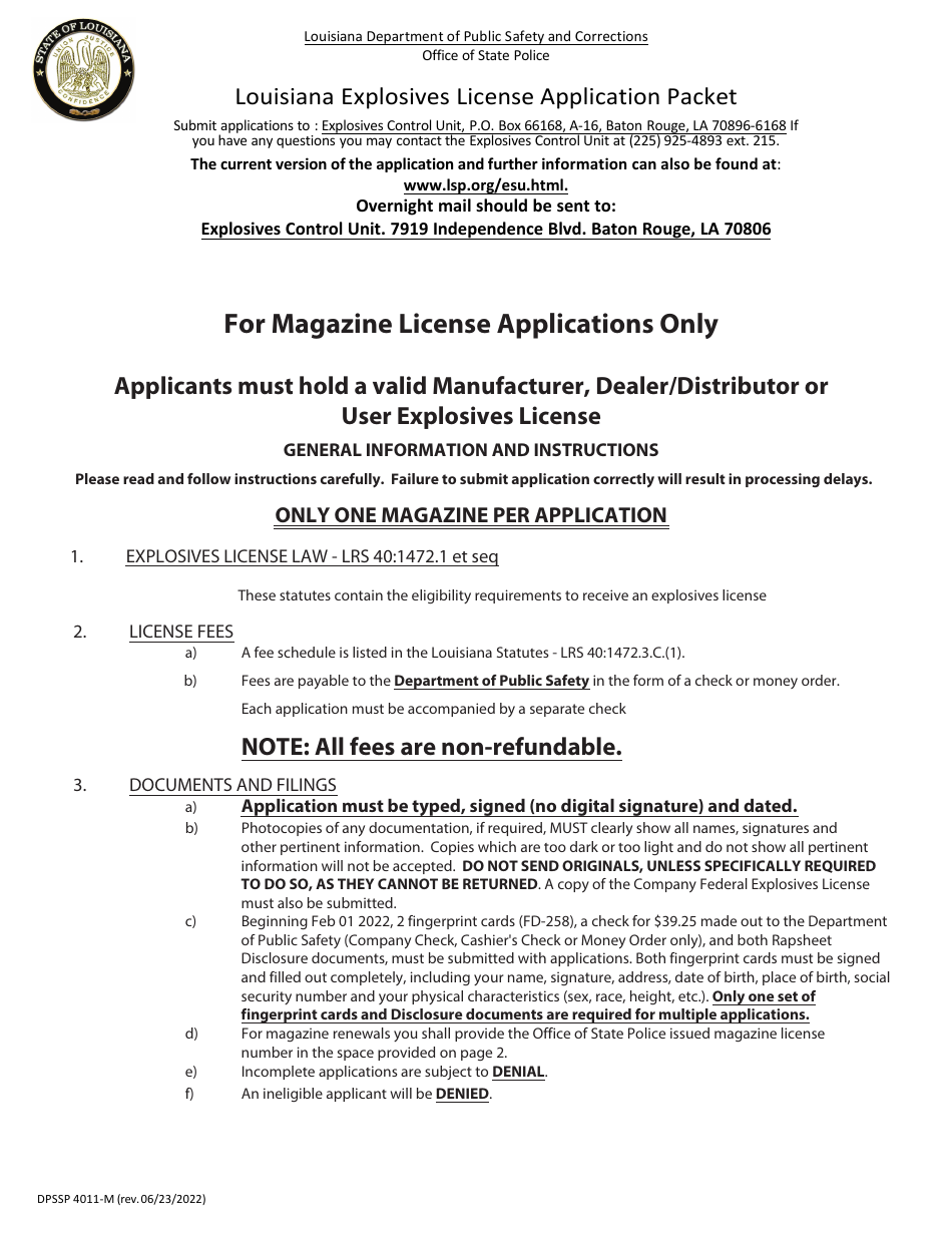 Form DPSSP4011-M Explosives Magazine License Application - Louisiana, Page 1