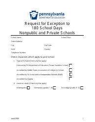 Document preview: Request for Exception to 180 School Days Nonpublic and Private Schools - Pennsylvania