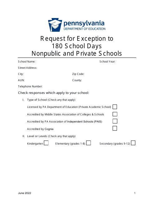 Request for Exception to 180 School Days Nonpublic and Private Schools - Pennsylvania
