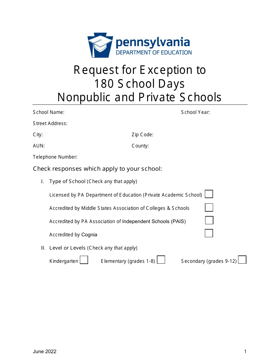 Pennsylvania Request for Exception to 180 School Days Nonpublic and Private Schools Download