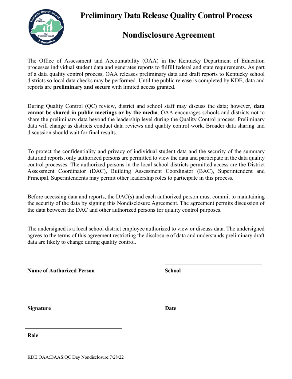 Preliminary Data Release Quality Control Process Nondisclosure Agreement - Kentucky, Page 1