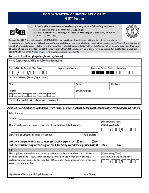 Documentation of Under-19 Eligibility Ged Testing Form - Kentucky Download Pdf