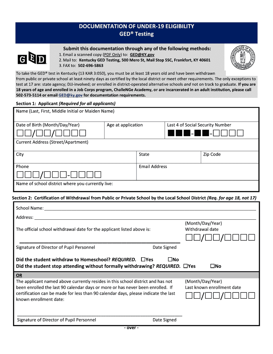 Documentation of Under-19 Eligibility Ged Testing Form - Kentucky, Page 1