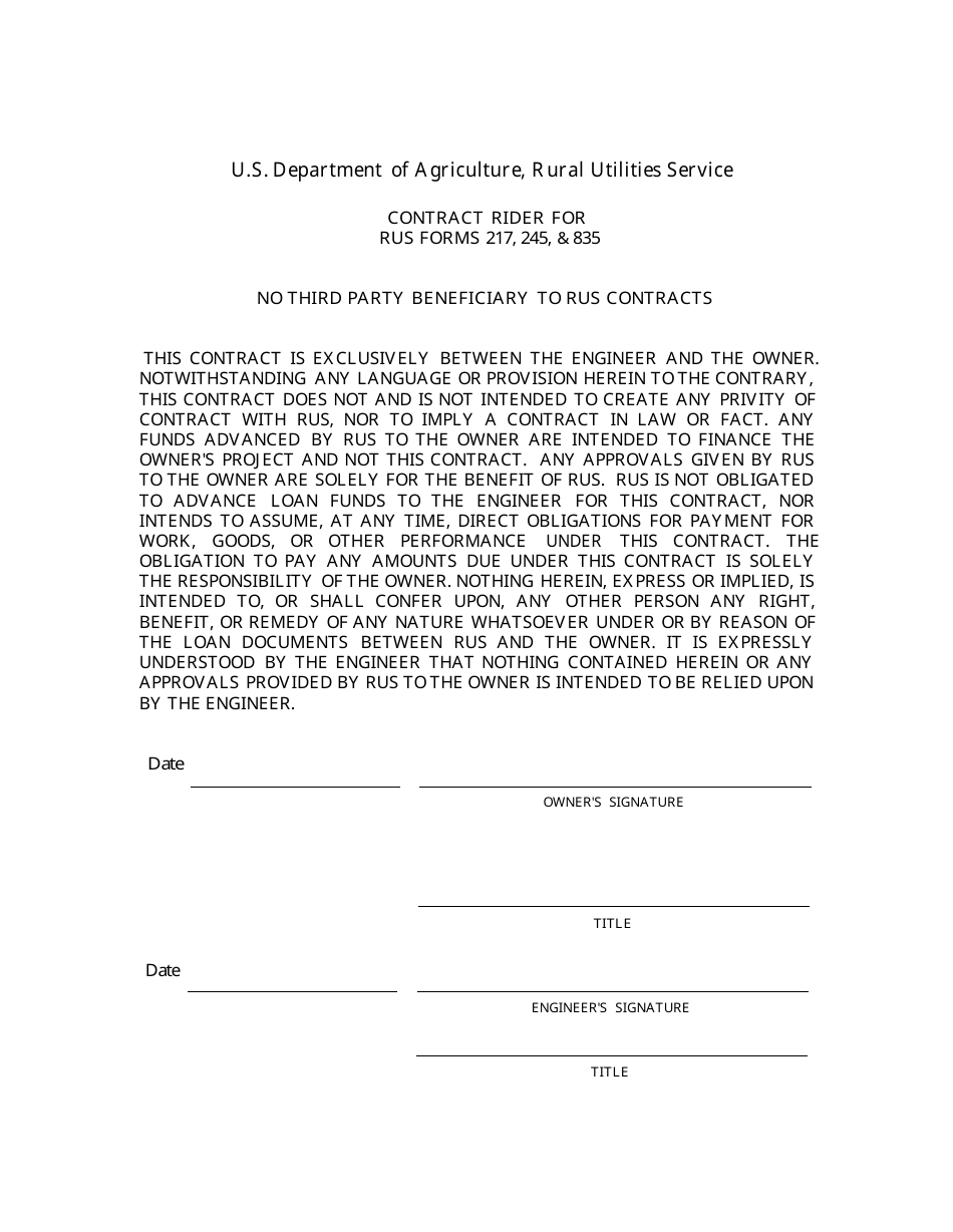 Contract Rider for RUS Forms 217, 245, & 835 Fill Out, Sign Online