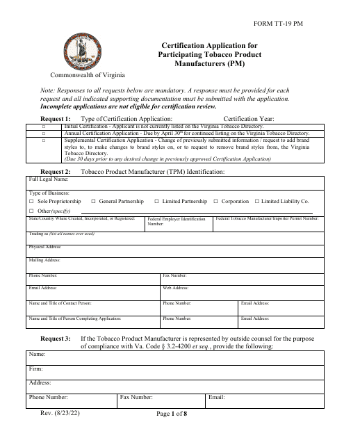 Form TT-19 PM  Printable Pdf