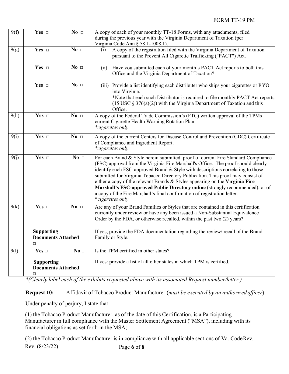 Form TT-19 PM Certification Application for Participating Tobacco Product Manufacturers (Pm) - Virginia, Page 6