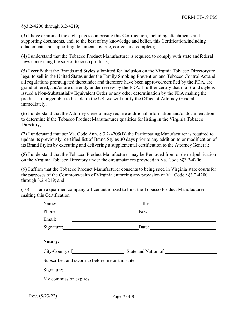 Form TT-19 PM Certification Application for Participating Tobacco Product Manufacturers (Pm) - Virginia, Page 7