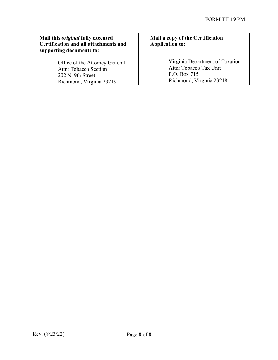 Form TT-19 PM Certification Application for Participating Tobacco Product Manufacturers (Pm) - Virginia, Page 8