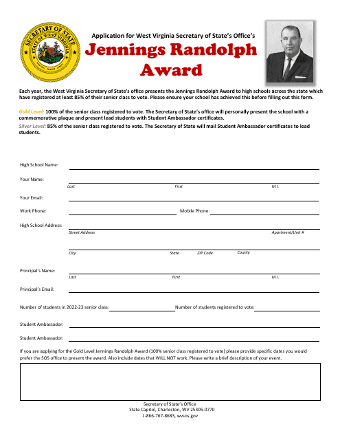 Jennings Randolph Award Application - West Virginia, 2023