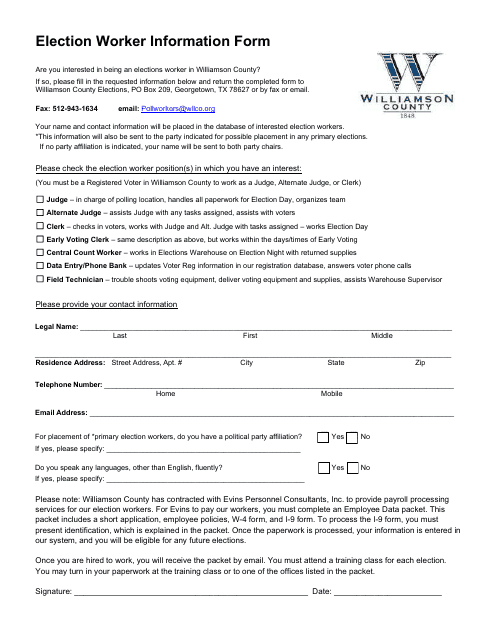 Election Worker Information Form - Williamson County, Texas Download Pdf
