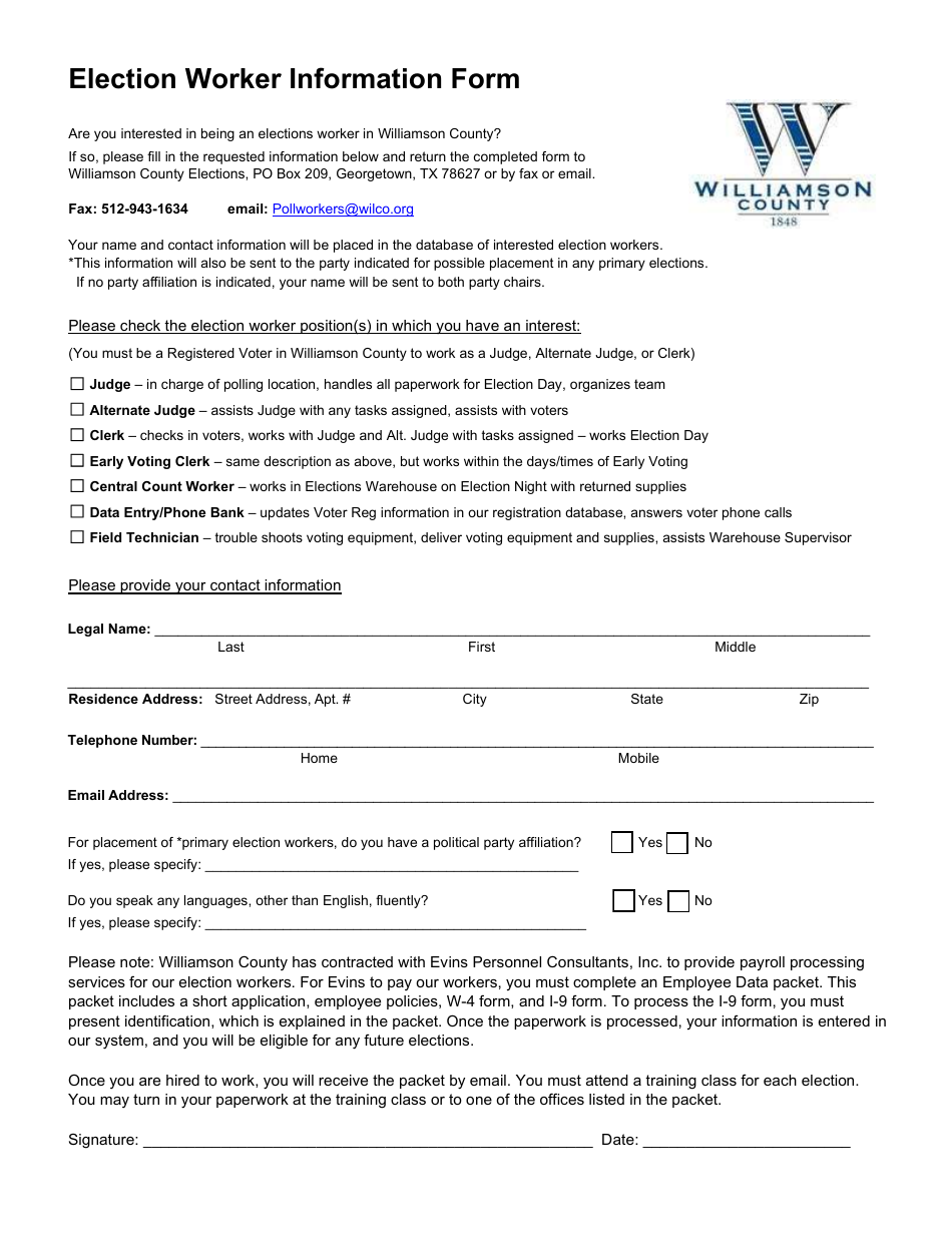 Election Worker Information Form - Williamson County, Texas, Page 1