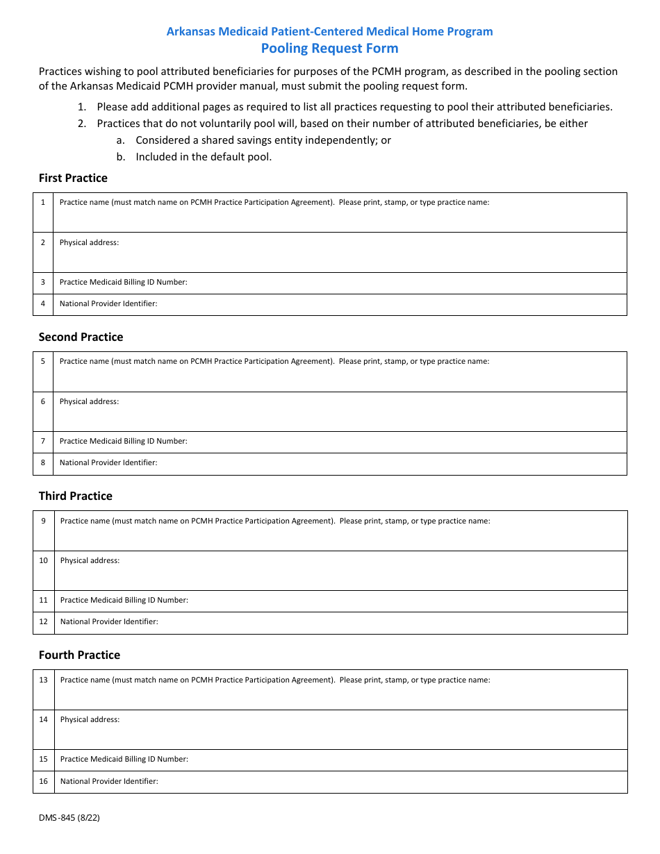 Form DMS-845 Pooling Request Form - Arkansas Medicaid Patient-Centered Medical Home Program - Arkansas, Page 1