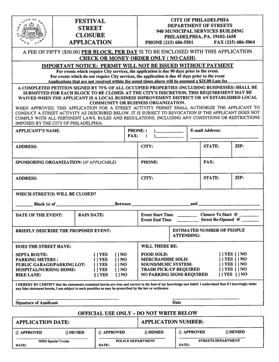 Form 77-444 Festival Street Closure Application - City of Philadelphia, Pennsylvania, Page 1