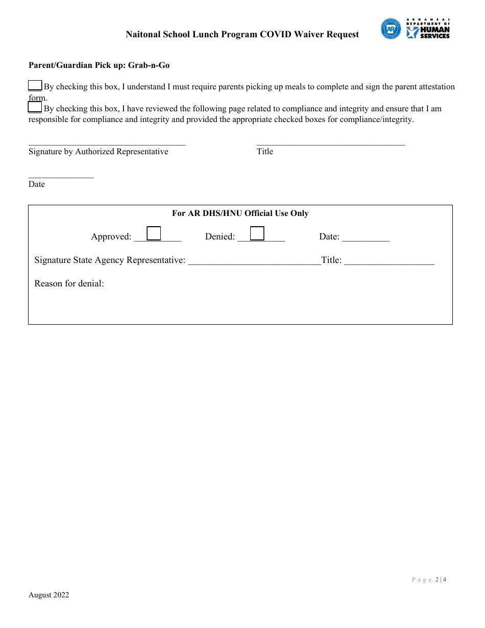 Naitonal School Lunch Program Covid Waiver Request - Arkansas, Page 2