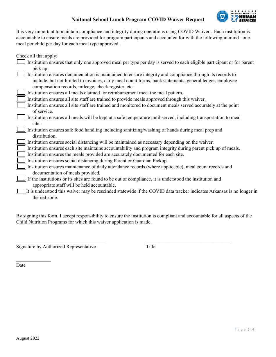 Naitonal School Lunch Program Covid Waiver Request - Arkansas, Page 3