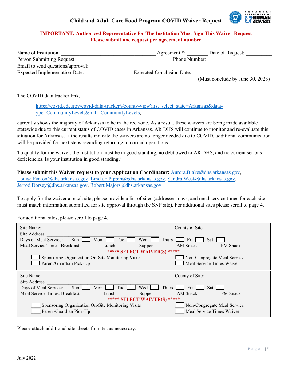 Child and Adult Care Food Program Covid Waiver Request - Arkansas, Page 1