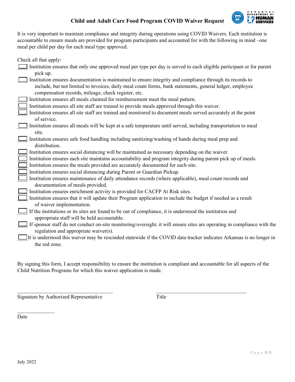Child and Adult Care Food Program Covid Waiver Request - Arkansas, Page 3