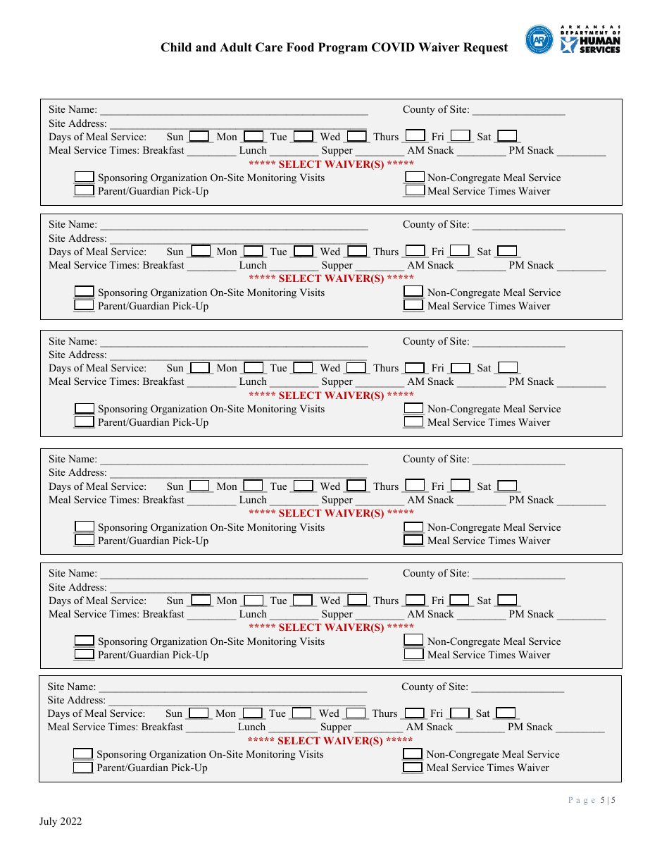 Child and Adult Care Food Program Covid Waiver Request - Arkansas, Page 5