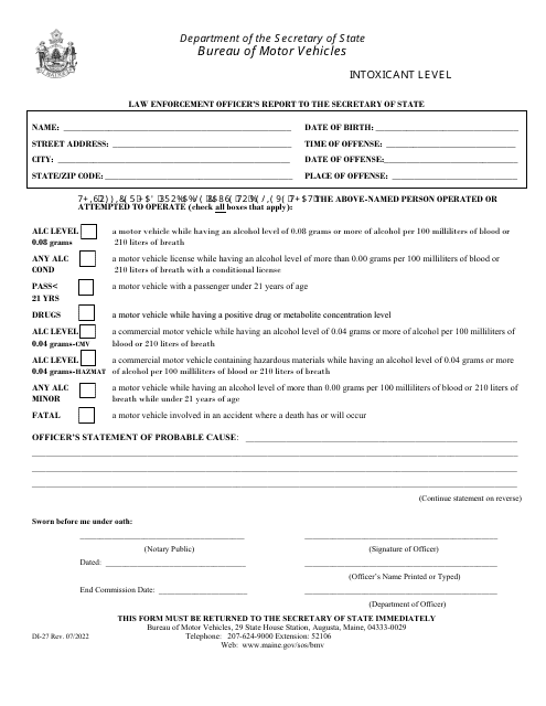 Form DI-27 Law Enforcement Officer's Report to the Secretary of State - Maine