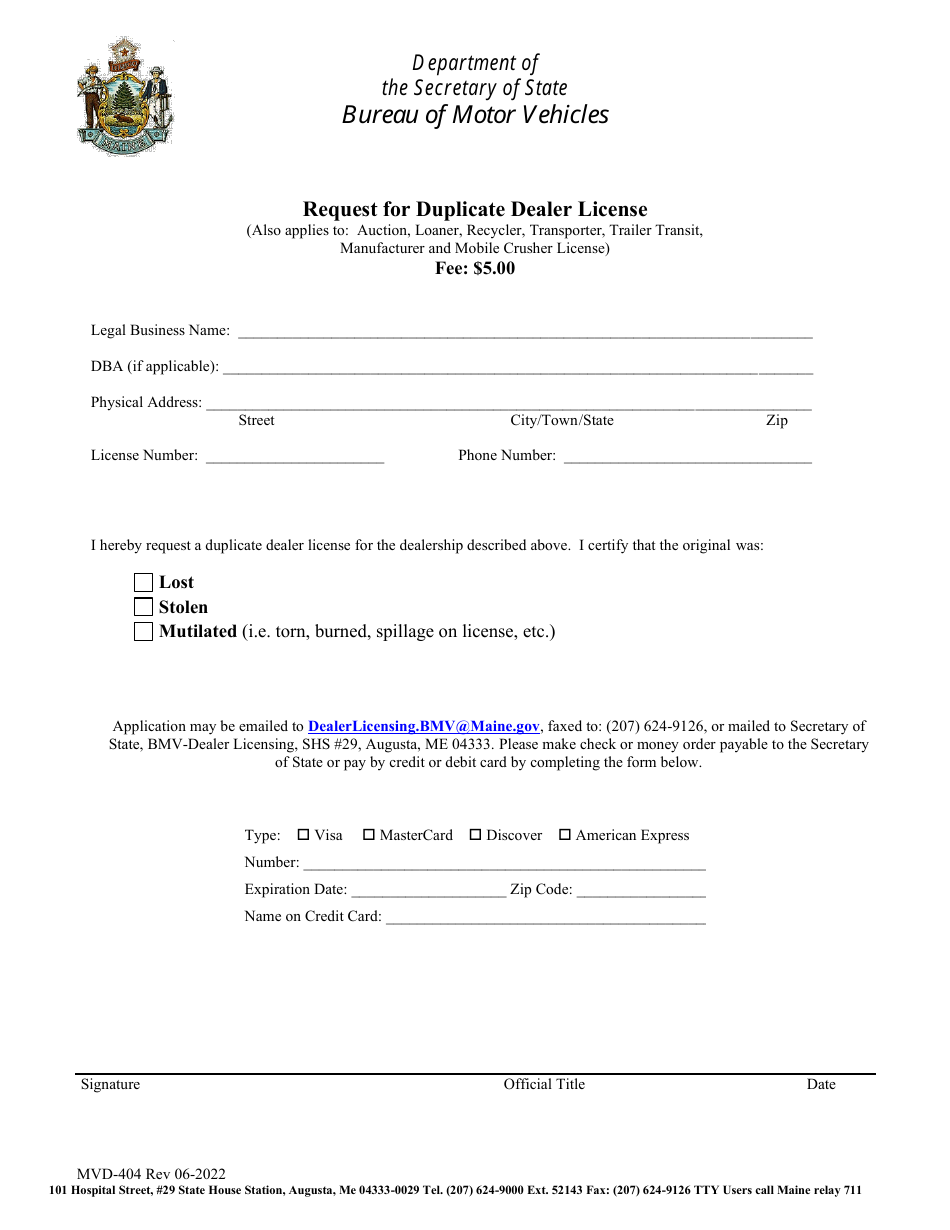 Form MVD-404 Request for Duplicate Dealer License - Maine, Page 1