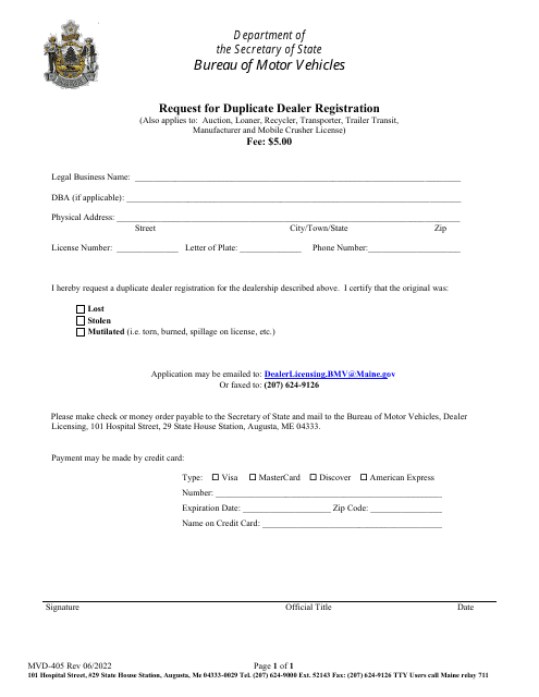 Form MVD-405 Request for Duplicate Dealer Registration - Maine